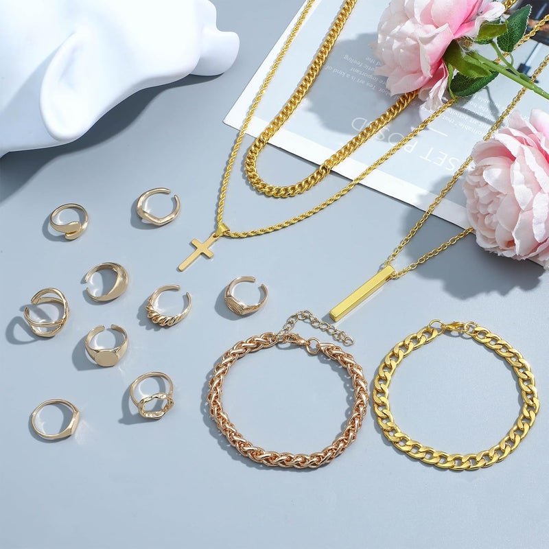 NEWITIN 15 Pieces Silver Jewelry Set for Men Stainless Steel Cuban Link Necklace Bracelet Cross Pendant Necklace Vintage Ring Cuban Jewelry Set for Men Women - Image 4